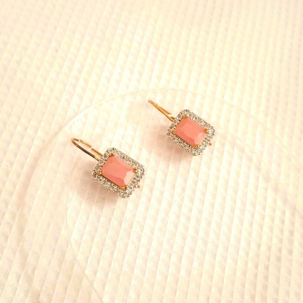 925 Pink Emerald Cut Drop Earrings CZ Sterling Silver French Leverback Jewelry